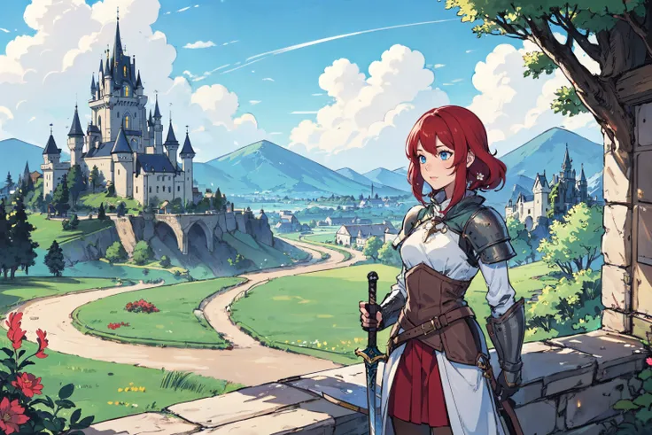 1girl, knight, red_hair, blue_eyes, sword, dragon, fantasy, colorful, magic, castle, fantasy world, blue sky, clouds, sunny, green_plains, flowers, trees, village,