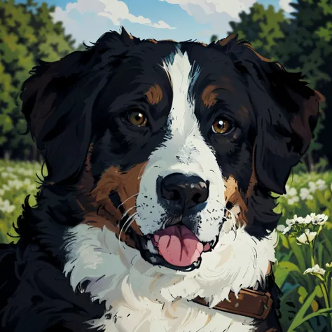 (RAW photo:1.5), (masterpiece, extreme detail, best quality, hires, 8k:1.2), <lora:beautifuldetailedeyes:1>, dog sitting in a field, black fur, white fur, brown fur, multicolored fur, tongue out, wild flower, field, outdoors, green, spring, summer, sunny, bush, ivy