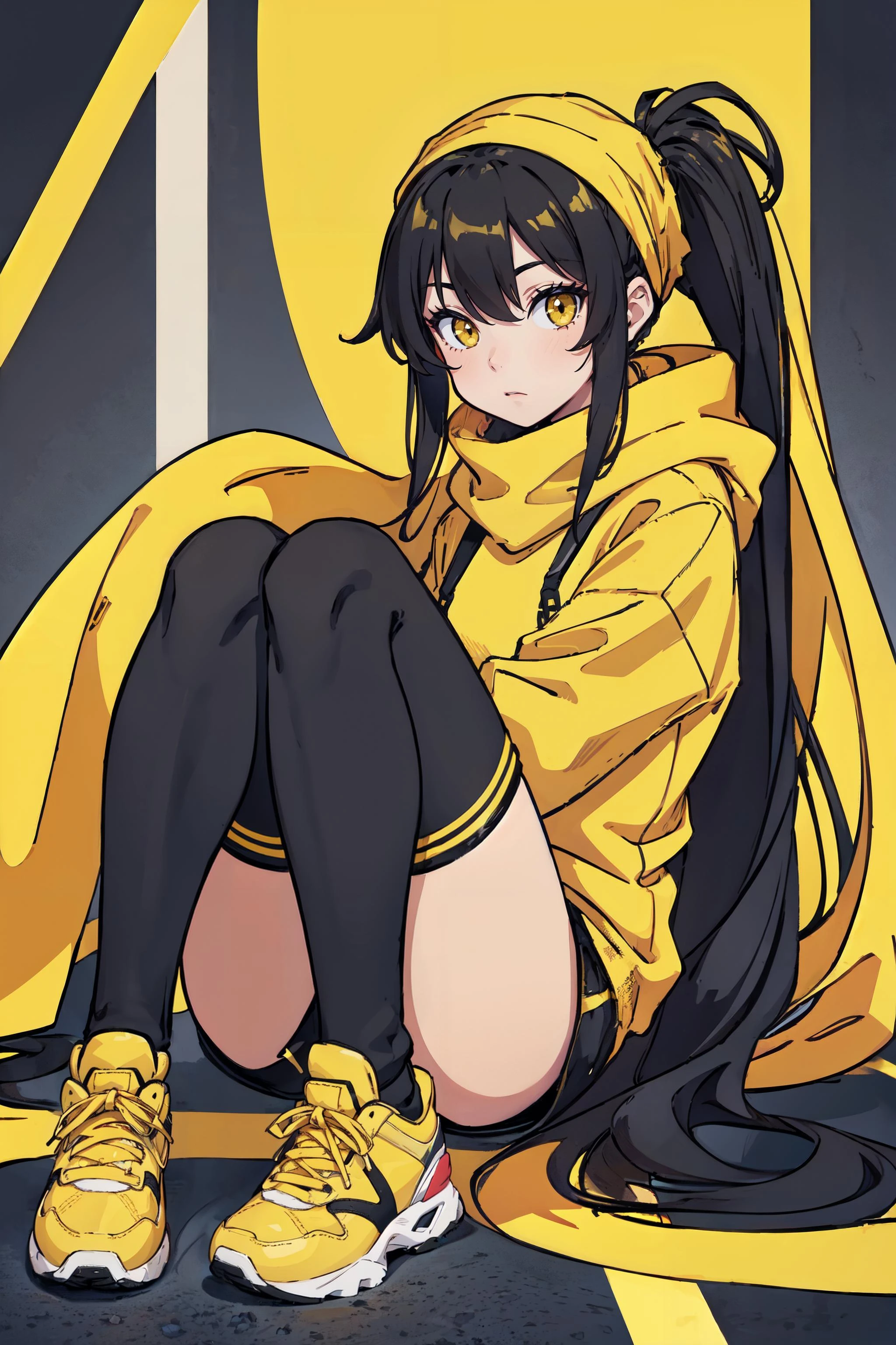 1girl, yellow_bandana, yellow_scarf, long_hair, black_hair, yellow_eyes, yellow_hoody, black_short, yellow_sneakers,