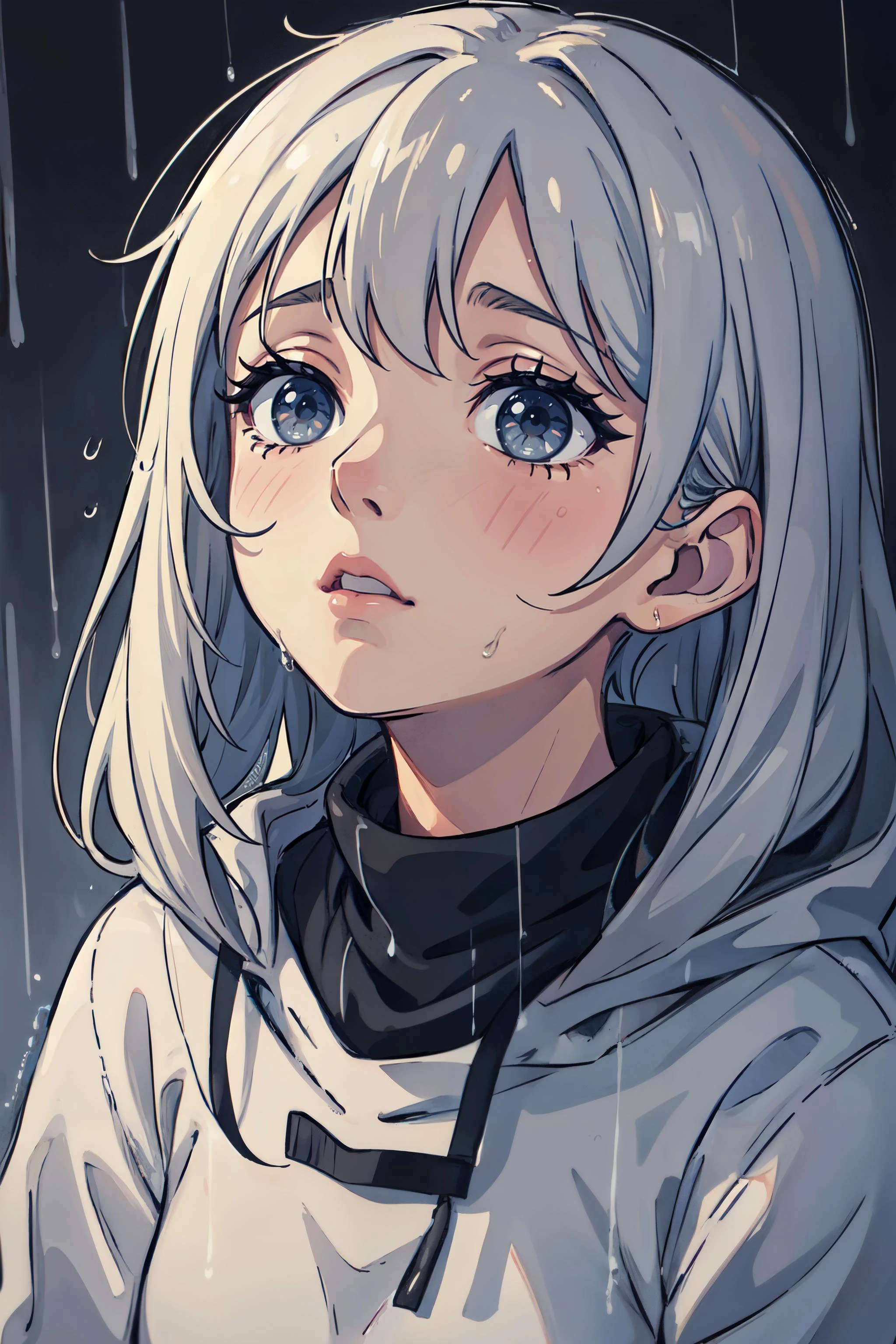 1girl, looking up, face focus, half-open_eyes:1.5, raindrops on face, rain, grey weather,