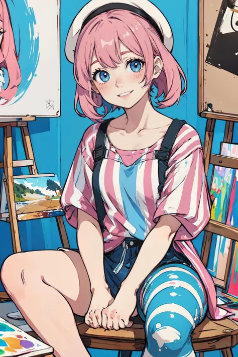 1girl, paint stain on face, painter, striped shirt, pink_hair, blue_eyes, smiling, painting, beret, workshop, sitting,