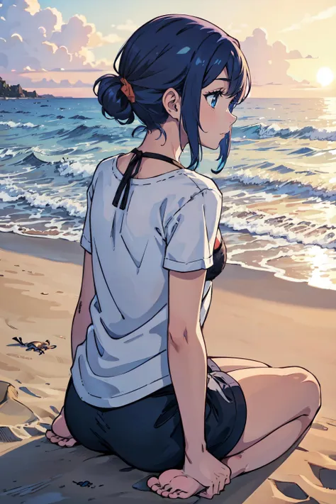 1girl, sitting on beach, from back, watching sunset, beautiful lighting, shirt, blue_hair, shadow, sand, shellfish, bare foot