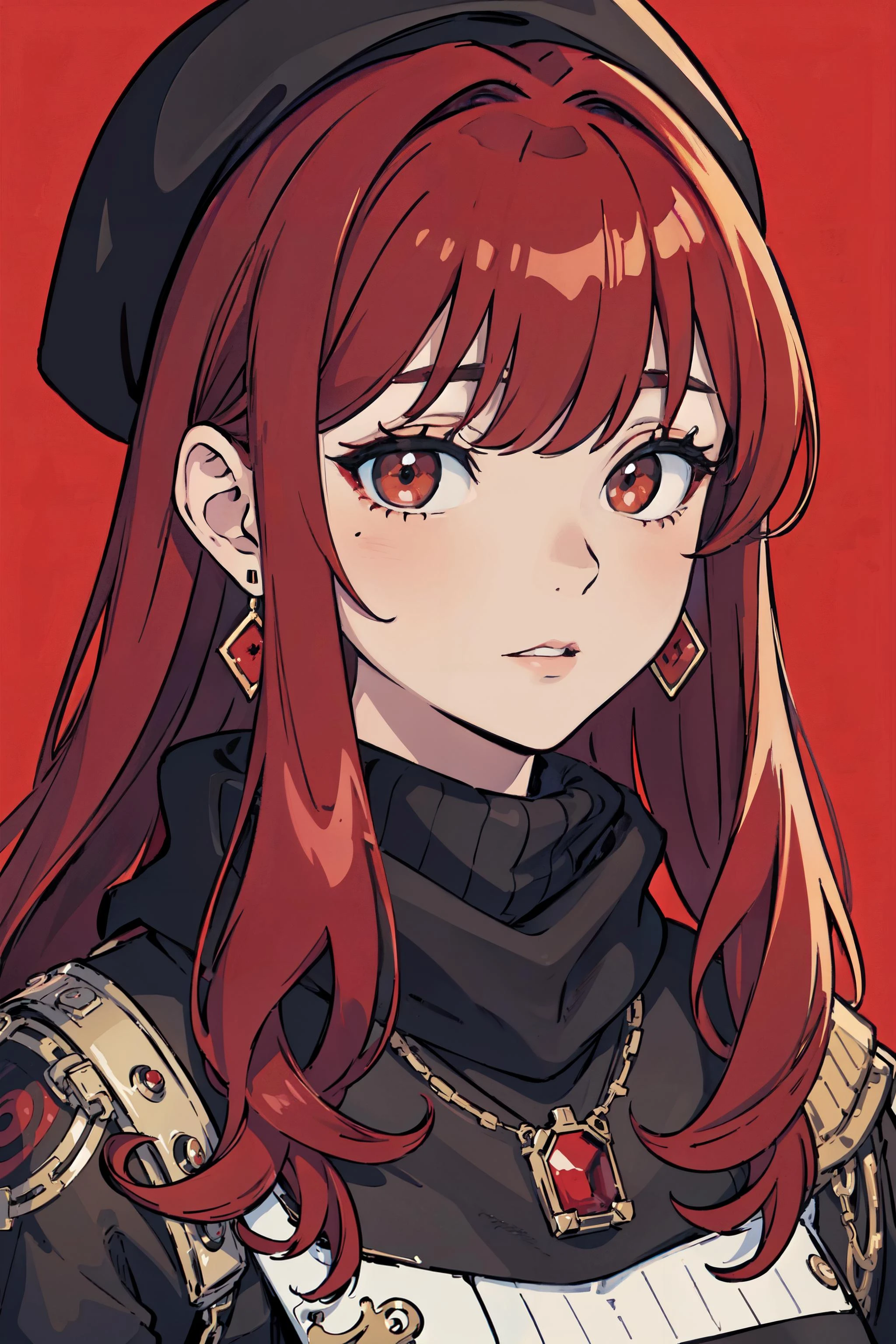 ((masterpiece)), ((best quality)), ((high detailed)), ((cg illustration)), 1girl, red_hair, portrait, beautiful face, upper body, long_hair, black_cap, black_sweater, turtleneck_sweater, red_background, simple_background, necklace, looking at viewer, black_eyes, long_eyelashes, cute, red_jacket, intricate details, black_scarf, earrings, closed_mouth, beautiful eyes,
