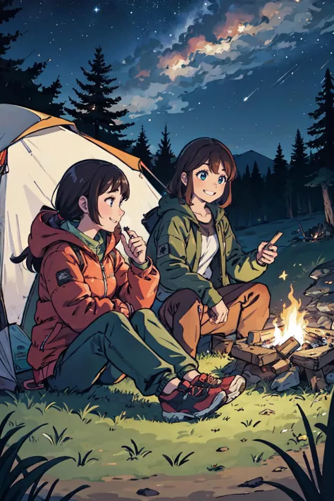 2girls, jacket, pant, , sitting, hiking shoes, sitting, camping, tent, night, stars, barbecue, smiling, nature, forest, campfire, wood, food,