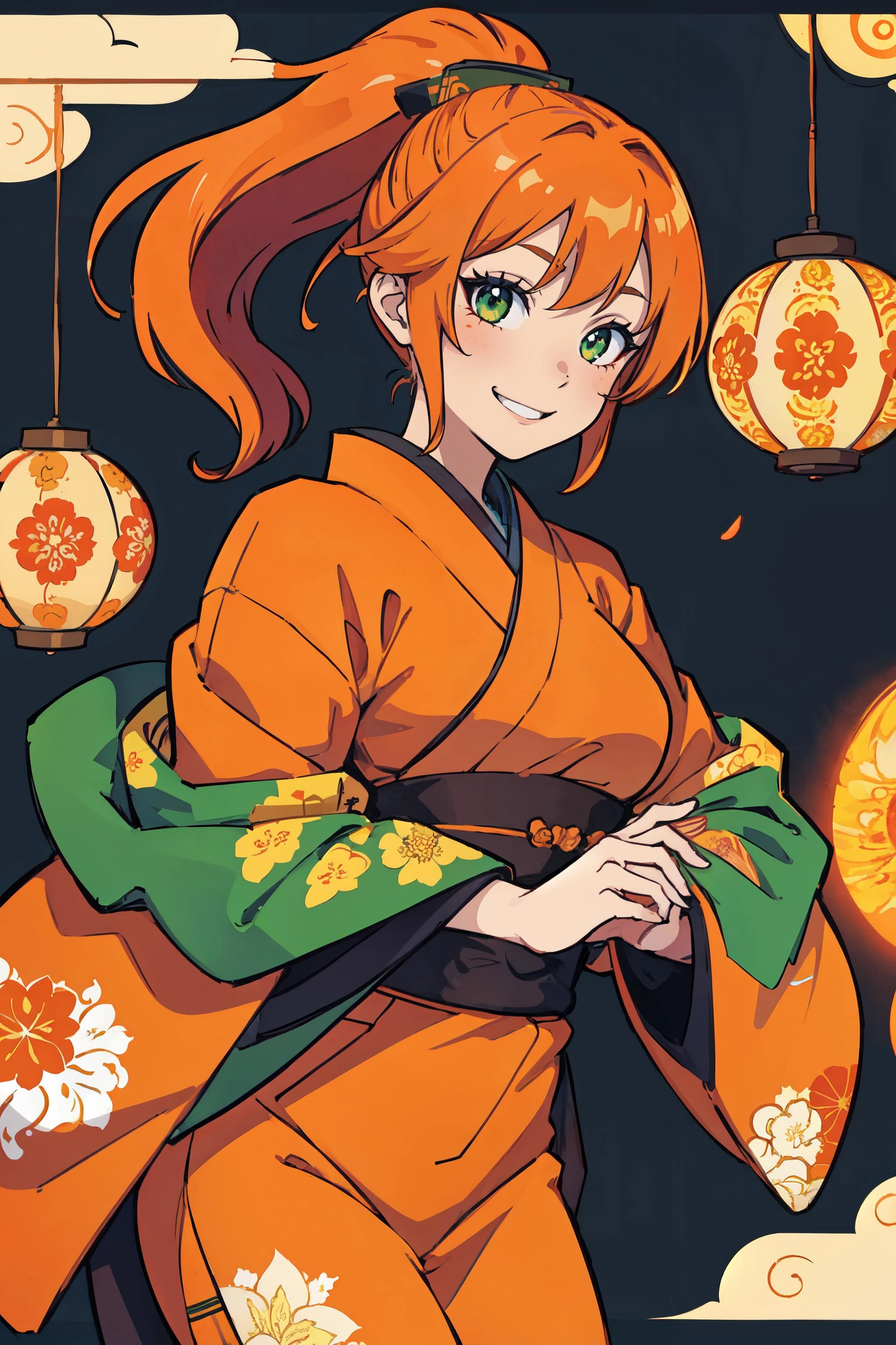1girl, orange_hair, green_eyes, japanese patterns, flames pattern, haori, traditionnal patterns background, colorful, smiling,