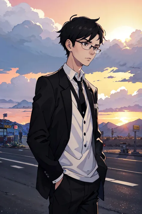 1boy, black_hair, glasses, collared_shirt, white_shirt, black_pant, serious face, hand in pocket, arizona desert, road, walking, looking away, black_tie, sunset, clouds, gas station,