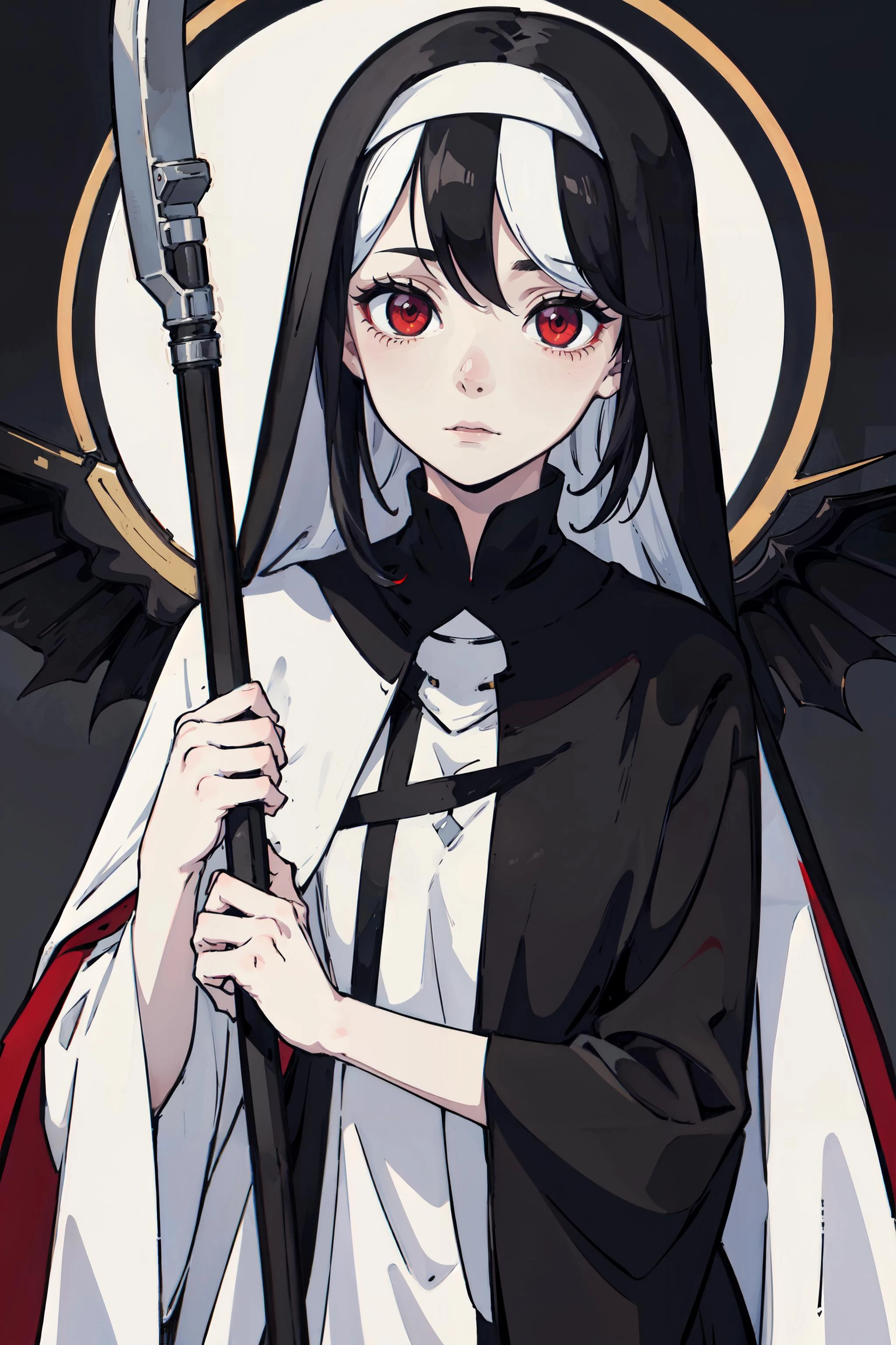1girl, nun, scythe, dark_background, red_eyes, looking down, glowing eyes, closed_mouth, black_hair, back_gown, creepy, pale-skin, half-open-eyes:1.3, chirch, cold-colors,