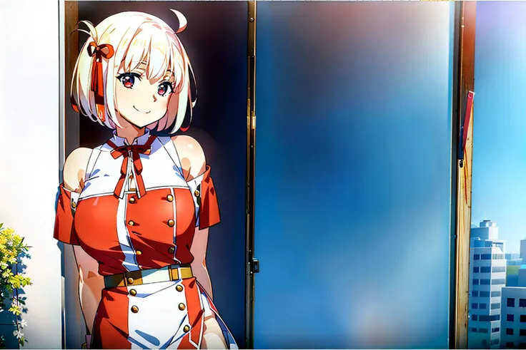 masterpiece, best quality,1girl, solo, bangs, left hair ribbon, (medium breasts:1.4), red eyes, short hair, smile, solo, white hair, (Strapless:1.4), (off-the-shoulder:1.2), (cowboy shot:1.4),  <hypernet:lycorisRecoil_chisato10:0.75>, city, (uniform:1.4), skirt, (white skin:1.4)