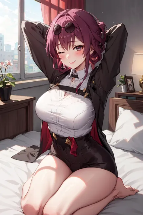 best quality, masterpiece, <lora:kafka:1>, kafka, 1girl, solo, looking at viewer, blush, sitting, on bed, seductive smile, arms behind head, sunglasses, eyewear on head, collared shirt, seiza, one eye closed, bent over