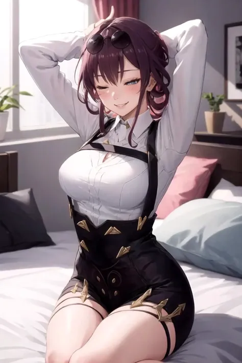 best quality, masterpiece, <lora:kafka:1>, kafka, 1girl, solo, looking at viewer, blush, sitting, on bed, seductive smile, arms behind head, sunglasses, eyewear on head, collared shirt, seiza, one eye closed, bent over