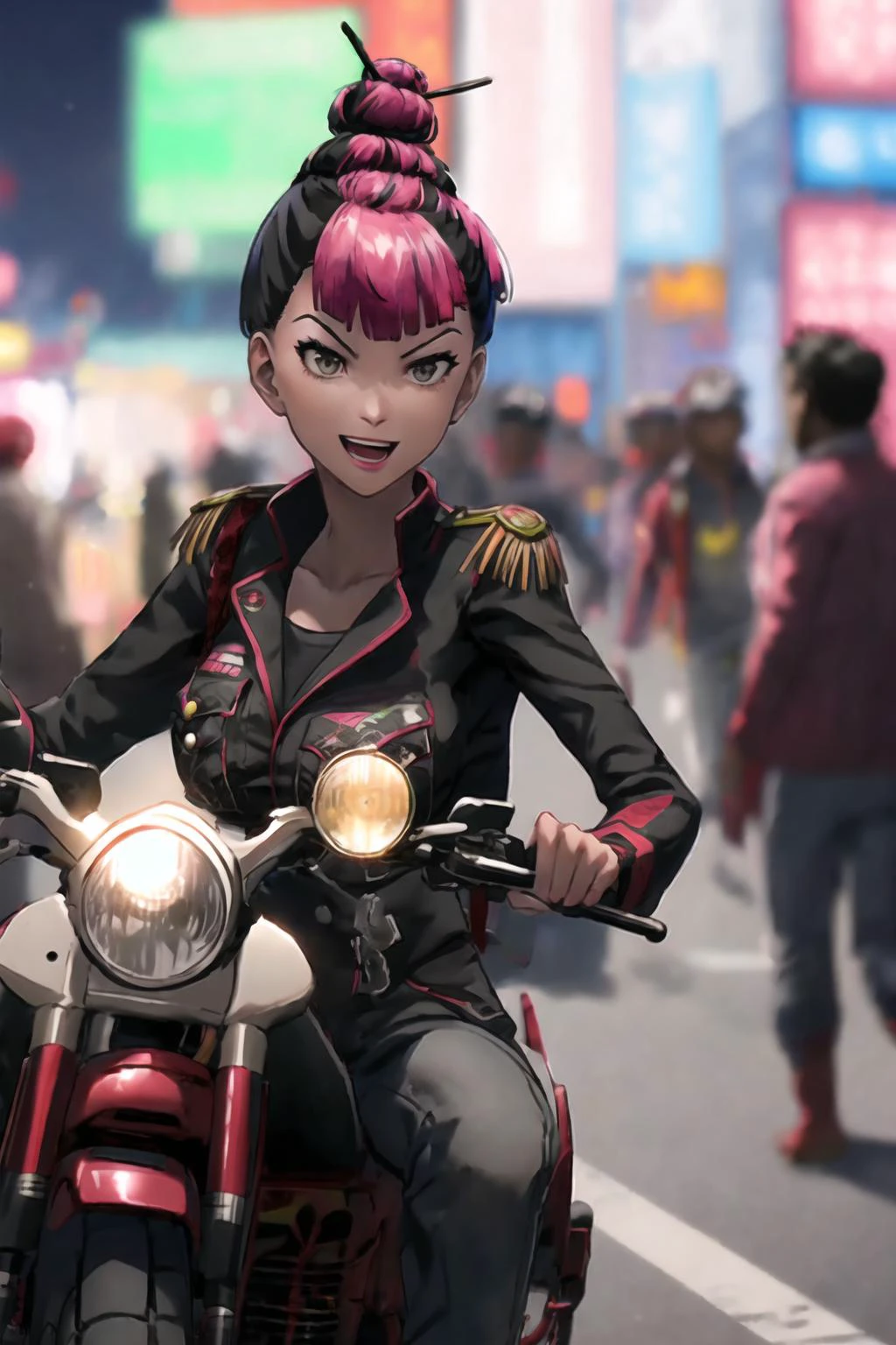 a girl riding motorcycle in road, face focus, :D, upper body
yuma lau, black hair with pink hair bun, gray eye, military uniform, big breast
in night city, bustling streets of Shanghai that bustle with people, neon light, speed line, sitting on motorbike
blurry background, lens blurring, dark night
<lora:R2W_FC4_0807_f5-64:1>