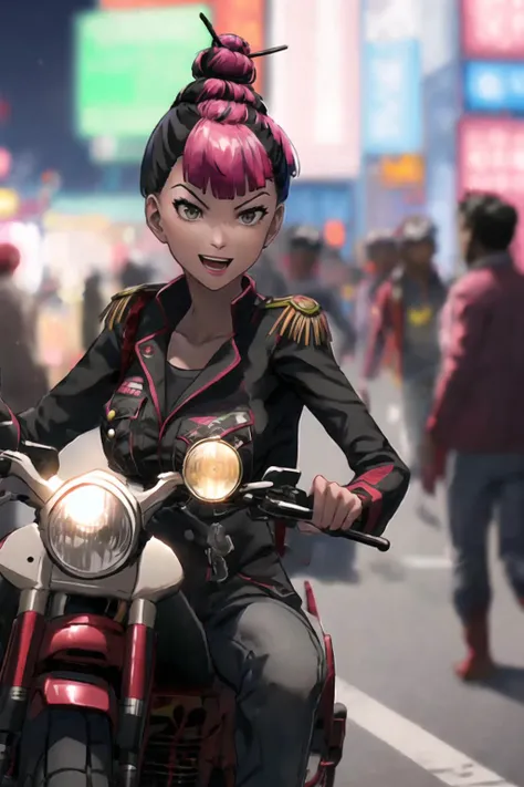 a girl riding motorcycle in road, face focus, :D, upper body
yuma lau, black hair with pink hair bun, gray eye, military uniform, big breast
in night city, bustling streets of Shanghai that bustle with people, neon light, speed line, sitting on motorbike
blurry background, lens blurring, dark night 
 <lora:R2W_FC4_0807_f5-64:1>