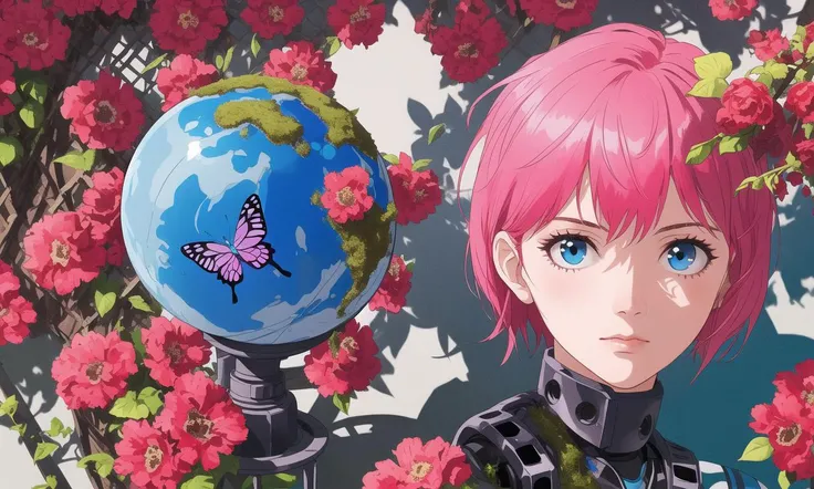 best quality,
[multi color flowers, butterfly : robot girl, solo, cute face, short hair, pink hair, blue eye, sitting, looking at viewer, flower medow:3],
[pop art, sketch, white outline: realistic, multicolored background, dramatic shadow, earth globe, clear blue sky:5],
[color ink splash: butterfly,moss, vine, machine, iron fence, sunlight, overexposure :7],
[colorful background: abandoned city is covered in ruins:9]