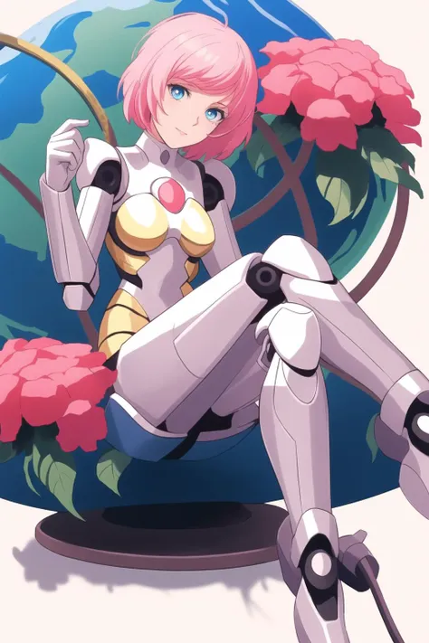 best quality,
[multi color flowers, butterfly : robot girl, solo, cute face, short hair, pink hair, blue eye, sitting, looking at viewer, flower medow:3],
[pop art, sketch, white outline: realistic, multicolored background, dramatic shadow, earth globe:5],
[color ink splash: butterfly,moss, vine, machine, fence, golden statue, sunlight, overexposure :7],
[colorful background: in city, doomsday, withered:9]