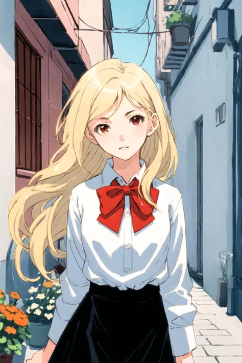 girl, long blonde hair, brown eye, white shirt, in alley, blue sky, flower pot,looking at viewer, black skirt, red bowtie