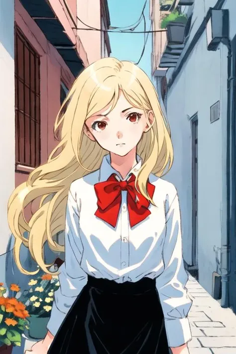 girl, long blonde hair, brown eye, white shirt, in alley, blue sky, flower pot,looking at viewer, black skirt, red bowtie