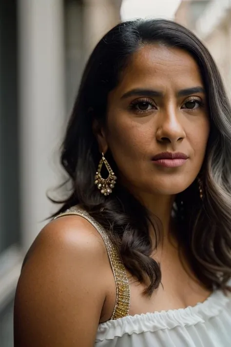 Realistic full body portrait of a beautiful s4lm4h-v2 woman, 1girl, solo, long hair, looking at viewer, black hair, jewelry, earrings, mole, lips, grey eyes, portrait, mole under mouth, realistic, soft lighting, professional Photography, Photorealistic, detailed, RAW, analog, sharp focus, 8k, HD, DSLR, high quality, Fujifilm XT3, film grain, award winning, masterpiece<lora:s4lm4h-v2:1.0>