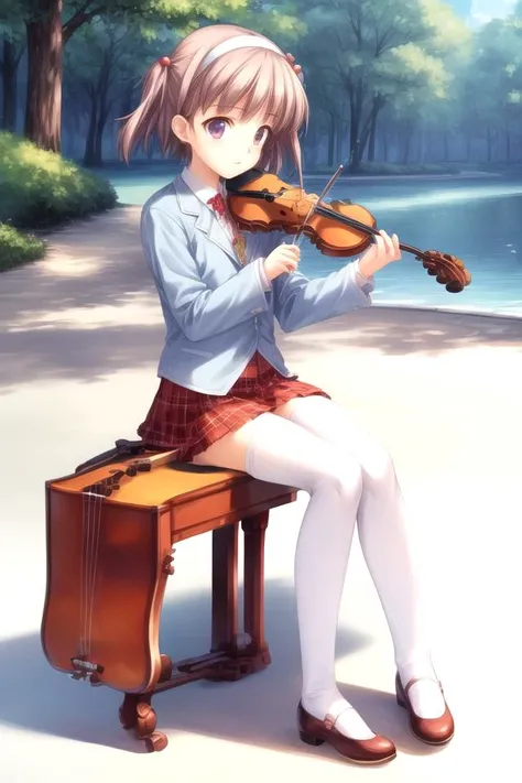 (solo:1.5),
nanako_th2, 1girl, hair bobbles, hairband, two side up, purple hair, purple eyes, small breasts, blue blazer, yellow shirt, red ribbon, plaid skirt, frills, sleeves past wrists, <lora:Nanako_LoRA_AdamW_Dim64_Alpha32_5e-5_12batch_CosineAnnealingLR_NAI:1>
(full body:1.5),
white thighhighs,
red footwear,
sitting,
(playing_violine:1.5),
<lora:add_detail:1>, (masterpiece, best quality),