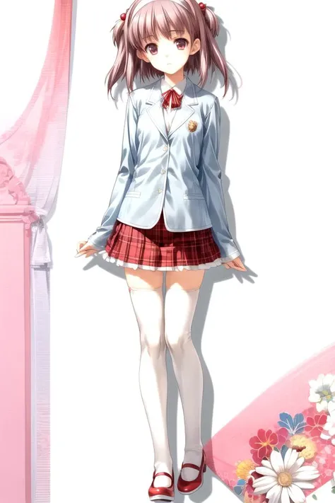 (solo:1.5),
nanako_th2, 1girl, hair bobbles, hairband, two side up, purple hair, purple eyes, small breasts, blue blazer, yellow shirt, red ribbon, plaid skirt, frills, sleeves past wrists, <lora:Nanako_LoRA_AdamW_Dim64_Alpha32_5e-5_12batch_CosineAnnealingLR_NAI:1>
(full body:1.5),
white thighhighs,
(red:1.4) footwear,
standing, 
<lora:add_detail:1>, (masterpiece,  best quality),