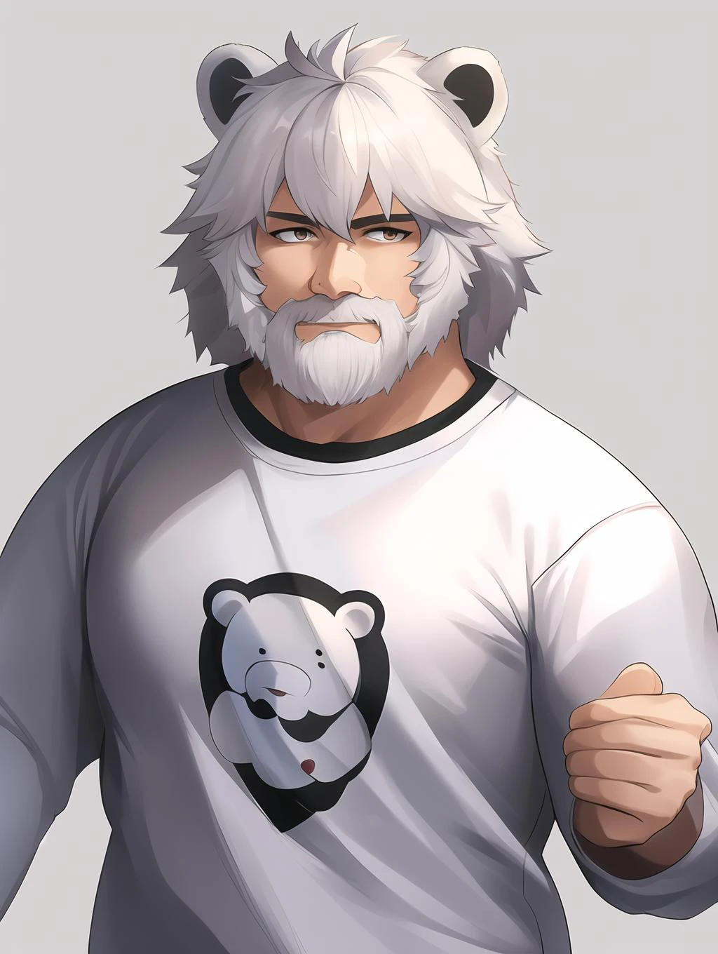 anime painting, high_quality,
beast boy, white bear ears, brown eyes, dark eyes, vtuber, white hair, friendly face, chubby, strong, male, white beard, wide sweatpants, tshirt,
<lora:bear_slider_v10:1.2>