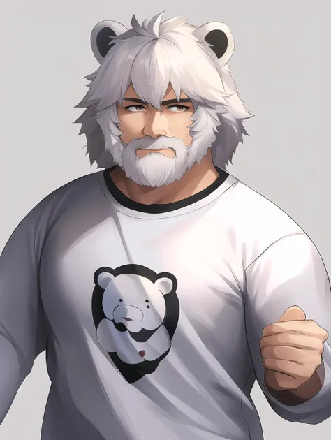 anime painting, high_quality,  
beast boy, white bear ears, brown eyes, dark eyes, vtuber, white hair, friendly face, chubby, strong, male, white beard, wide sweatpants, tshirt,
 <lora:bear_slider_v10:1.2>