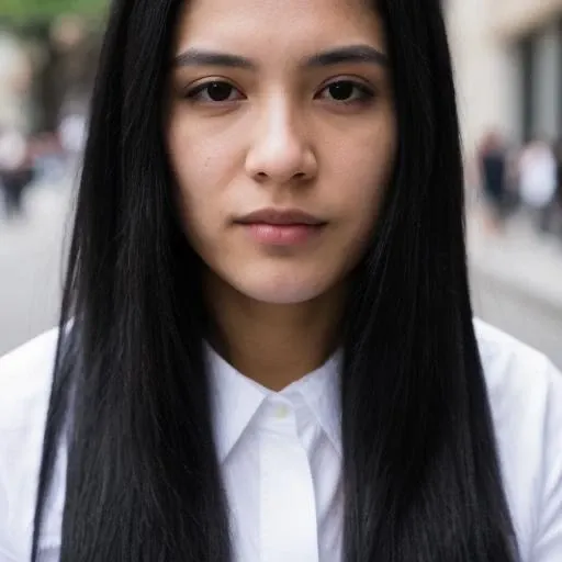 a woman with long black hair <lora:bear_slider_v10:0>, 8k, 4k, in street, headshot, white shirt