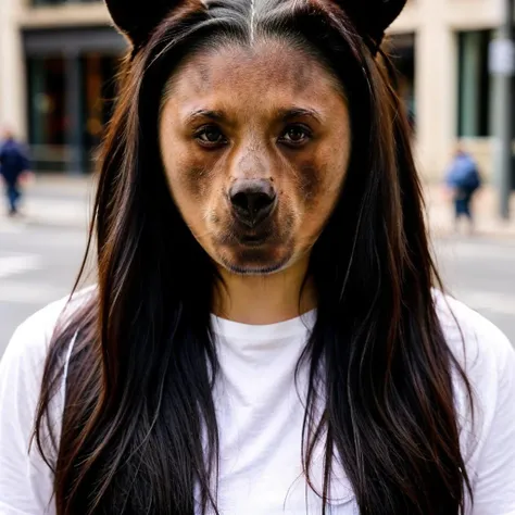 a woman with long black hair <lora:bear_300steps:2.2>, 8k, 4k, in street, headshot, white shirt