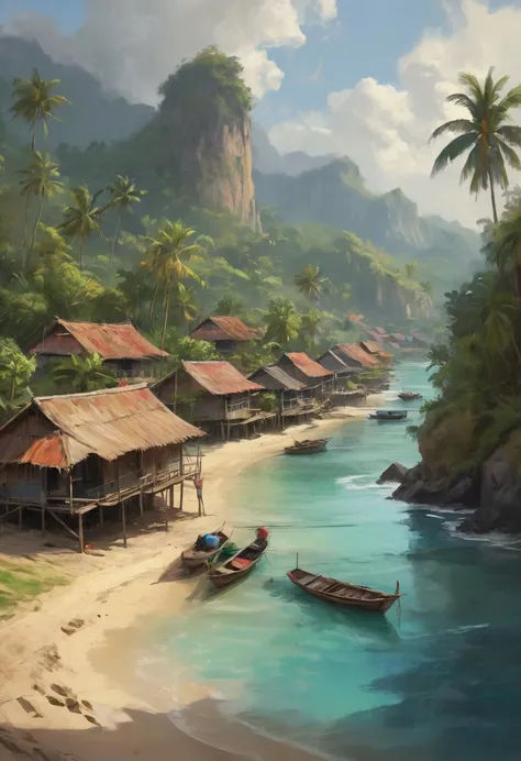 Concept art, speed painting, swift broad strokes, a village on an Indonesian island, idyllic, masterpiece, 8k, hdr, painterly style, rough brushwork, textured paint