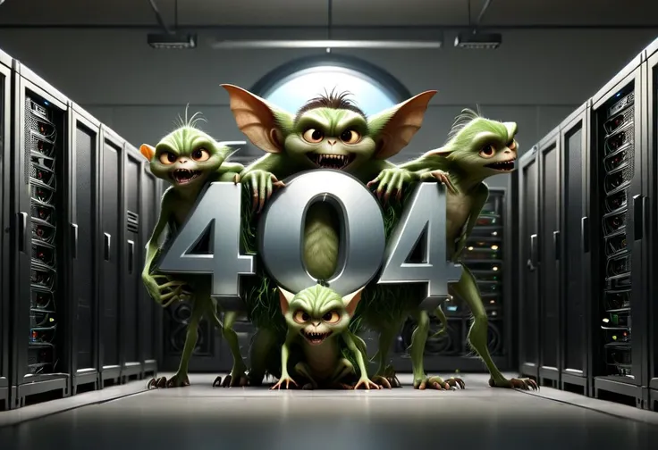 Pixar style illustration, The Gremlins are causing havoc inside a server farm, ((404 text logo in the center)), CivitAI text logo, masterpiece, 8k, hdr, insane detail, unparalleled realism