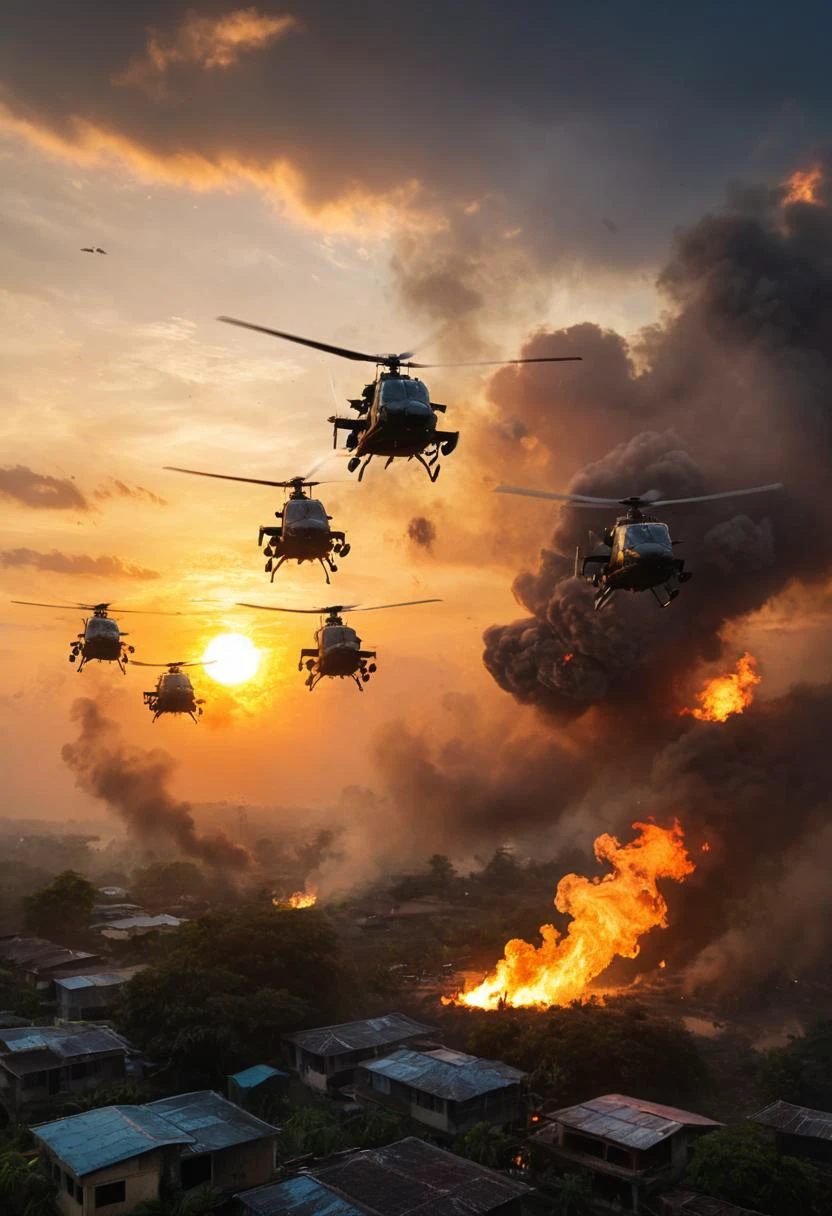 apocalypse now, (several helicopters fly towards the viewer:1.7), (burning village below:0.5), Wagner, ultra detailed, (sky, sunset:1.5), smoke, big sun at sunset, Vietnam, fire element <lora:xl_more_art-full_v1:0.7> 8k, F2.8, RAW Photo, ultra detailed