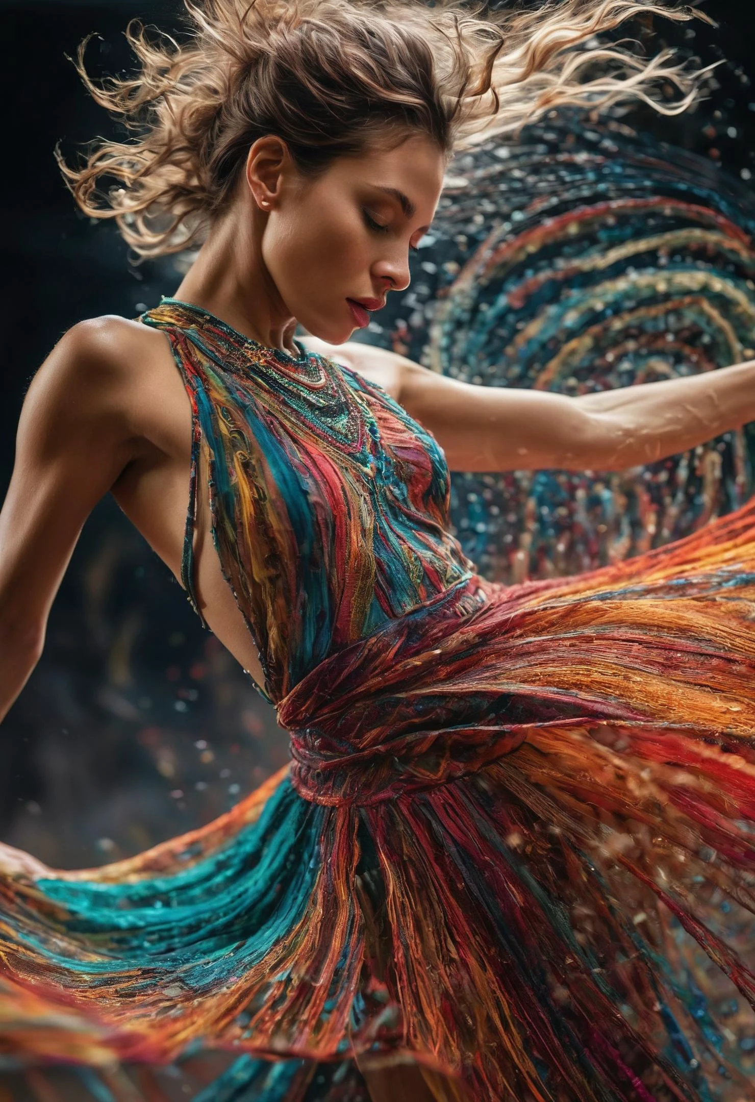 RAW Photograph, mid closeup, modern dancer, sweaty body, detailed skin with visible pores, flying sweat particles, intricate colorful outfit, the outfit is flowing with the motion, weaving an intricate pattern, poetry in motion, insane intricate detail, award winning art, slow shutter speeds, dynamic photography, 1/50, suspended movement, motion blur, raytracing, sharp focus, 8k, hdr, masterpiece, photography, dslr, kodachrome, 35mm photograph, analog film, professional, highly detailed