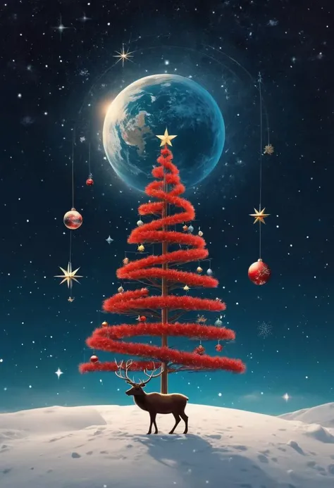 universe, aesthetics of cosmic motifs, art Research, use, symbolism of space, planet in various artistic directions, centered spase ship-reindeer with red Christmas tree