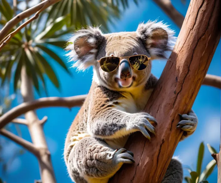 RAW Photography, koala climbing a tree, wearing sunglasses, detailed fur insane quality and detail, 35mm photograph, film grain, 8k, hdr, masterpiece, vibrant and colorful