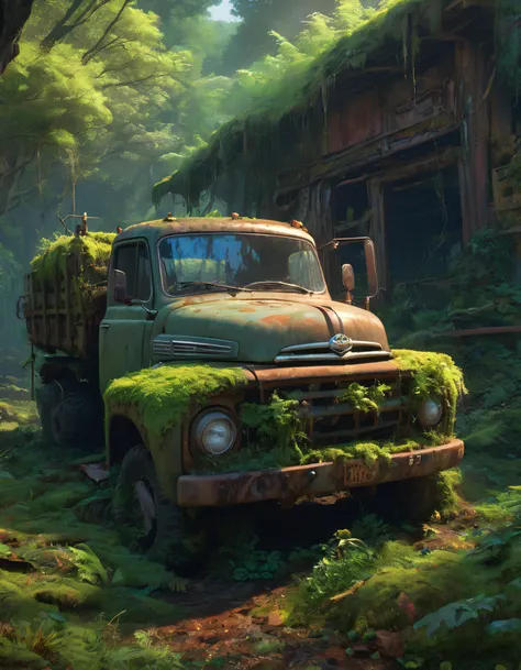 a decayed truck in a forest, rust, moss flowers, vines, Digital illustration, very vibrant colors, soft lighting, adventurous, atmospheric lighting, 8K, octane render, By Makoto Shinkai, Stanley Artgerm Lau, WLOP, Rossdraws, warriors fan art, James Jean, Andrei Riabovitchev, Marc Simonetti, krenz cushart, Sakimichan, D&D trending on ArtStation, digital art