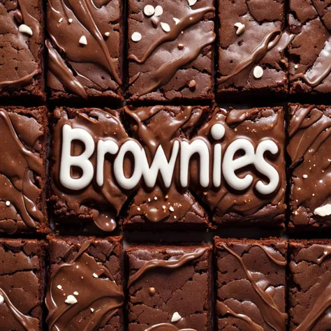 <lora:Harrlogos_v1.1:1> ("BROWNIES" text logo:1.4), brownies, chocolate,