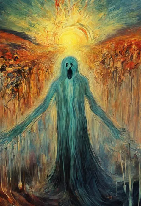 Edvard Munch style oil painting, psychedelic art (drdjns style), a ghost dying in the background, 8k, hdr, masterpiece, award winning art, brilliant composition