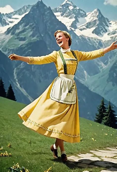 Photograph of Maria from The Sound of Music, Julie Andrews, Maria wears a yellow dress with an apron, she's dancing and singing in the mountains, her dress is decorated with mistletoe, she has mistletoe in her hands, she radiates joy, Christmas stays alive, with the Sound of Music, realistic photograph, highly detailed, intricate details,