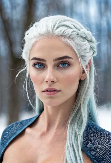 Beautiful white walker girl with blue eyes and medium breasts, photorealism, professional photo, blurry background, shot from below