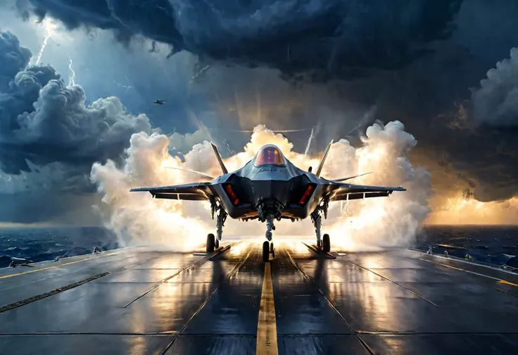 8k, oil painting, highest quality aviation art, masterpiece, cinematic effect, a lone F-35B vtol landing on the deck of a carrier for at sea, aviation art, naval art, majestic, foreboding, vignette, storm clouds<(lightning:0.2), (glow from inside:0.5)>, jet downdraft deck spray mist