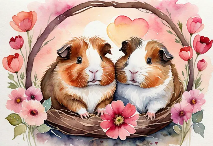 Two fluffy guinea pigs in love cuddling in a cozy nest, Valentine's Day, adorable, whimsical, hearts, affectionate, cuddling, soft fur, tiny paws, expressive eyes, pink and red, flowers, sunset glow, whimsical watercolor, Beatrix Potter