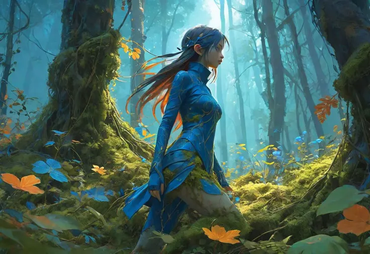 decayed, Epoch Elves in a forest, rust, moss flowers, blue as dominant color, vines, Digital illustration, very vibrant colors, soft lighting, adventurous, atmospheric lighting, 8K, octane render, By Makoto Shinkai, Stanley Artgerm Lau, WLOP, Rossdraws, warriors fan art, James Jean, Andrei Riabovitchev, Marc Simonetti, krenz cushart, Sakimichan, D&D trending on ArtStation, digital art