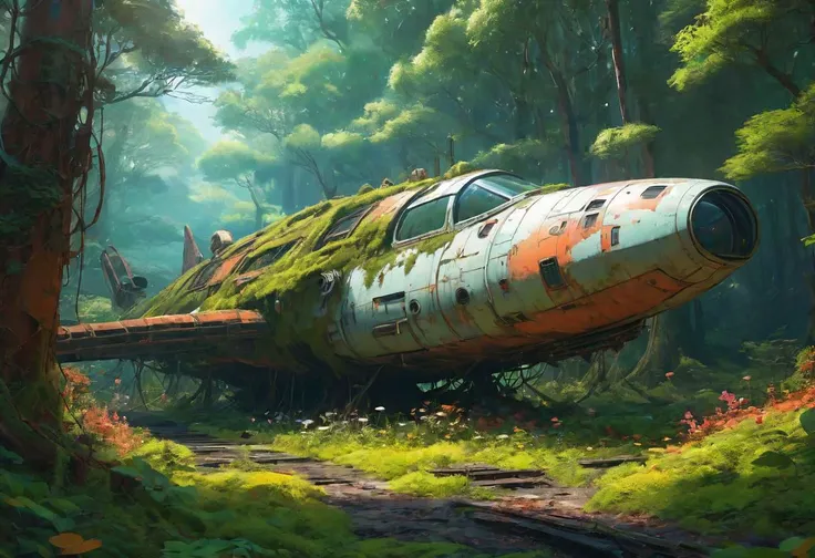a decayed spaceship in a forest, rust, moss flowers, vines, Digital illustration, very vibrant colors, soft lighting, adventurous, atmospheric lighting, 8K, octane render, By Makoto Shinkai, Stanley Artgerm Lau, WLOP, Rossdraws, warriors fan art, James Jean, Andrei Riabovitchev, Marc Simonetti, krenz cushart, Sakimichan, D&D trending on ArtStation, digital art