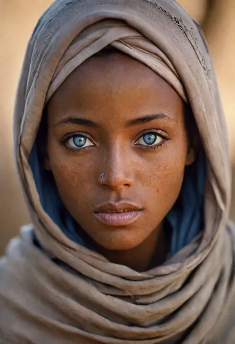 Photography in (stvmccrr style), a young Ethiopian woman with striking blue eyes, portrait, emotive humane photography, rich colors, analog film, film grain, kodachrome, intricate details, insanely detailed, natural lighting, 8k, hdr, masterpiece, award winning photography