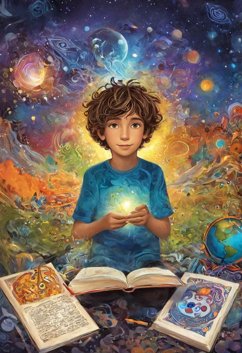 Psychedelic art (drdjns style), (childrens_book_illustration style), a young boy is daydreaming at school, imagining all sorts of magical things that are forgotten by the adult mind, masterpiece, 8k, hdr, award winning, highly aesthetic