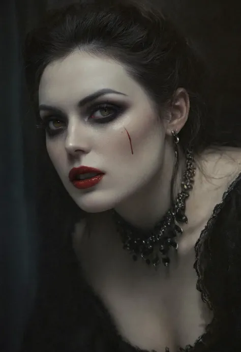 Dark art (chdmchlwrd style), photography transcending traditional media, a beautiful woman, detailed skin with visible pores, mysterious presence, unsure if vampire, gothic beauty, raytracing, 8k, hdr, masterpiece, award winning art, 35mm photography, amazing lighting, (Victoria Frances style), hyperreal art