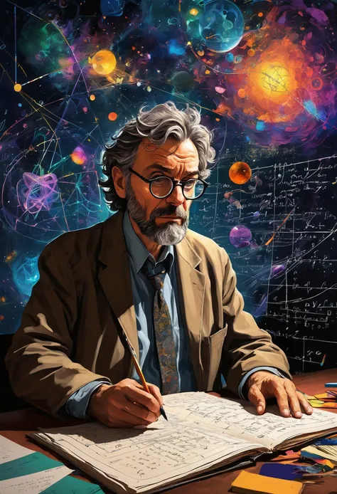 Illustration of a mathematics professor that discovers the foundational equations of the multiverse, formulas, mathematics symbols, award winning art, 8K, HDR, vibrant and colorful, masterpiece, art inspired by (Studio Ghibli and Yoji Shinkawa)