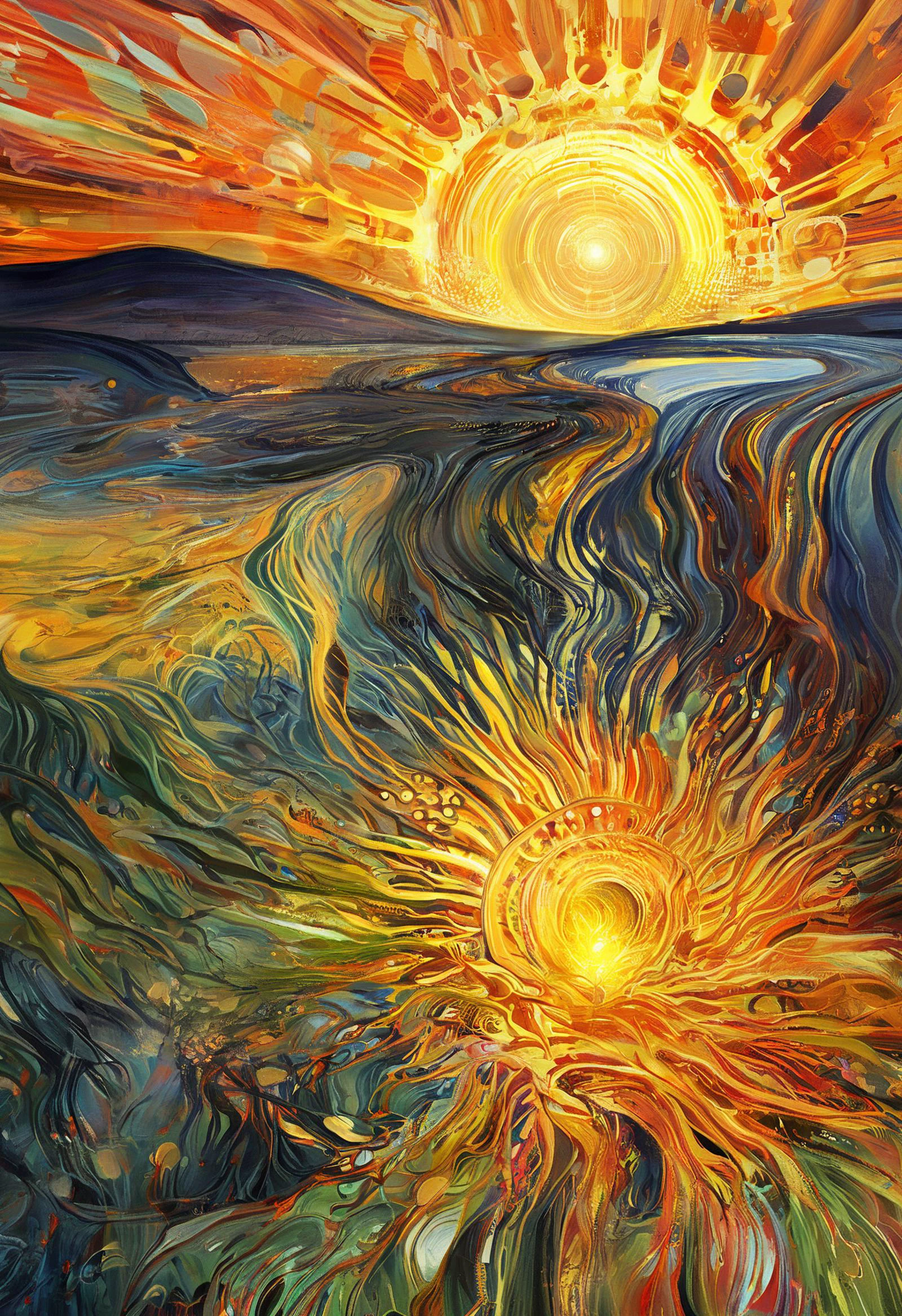 Edvard Munch style oil painting, psychedelic art (drdjns style), a man has become obsessed with the sun, now photonic energy is revealed to reside in all things, 8k, hdr, masterpiece