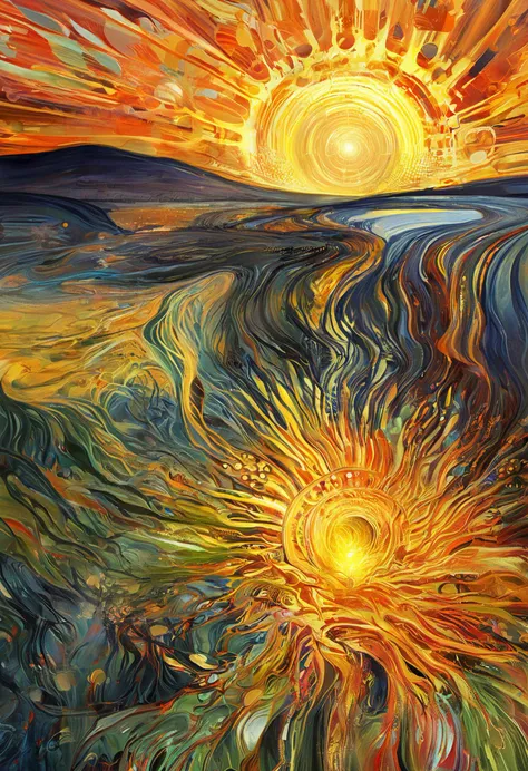 Edvard Munch style oil painting, psychedelic art (drdjns style), a man has become obsessed with the sun, now photonic energy is revealed to reside in all things, 8k, hdr, masterpiece