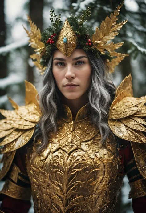 RAW Photography, mid closeup, a mysterious arctic Elven warrior in intricately detailed golden armor made out of mistletoes, mercenary of Santa Clause's secret mercenary squad, savior of Christmas, wielding magical weaponry, mistletoe accents, highly detailed, analog film, film grain, cinematic, 8k, masterpiece, kodachrome, rich vivid colors with deep darks, hdr, award winning photography