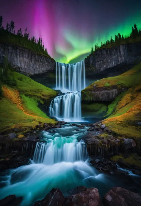 RAW Photograph, a waterfall with the aurora borealis above it, vivid vibrant colors, HDR, 35mm, masterpiece, 8k, amazing composition